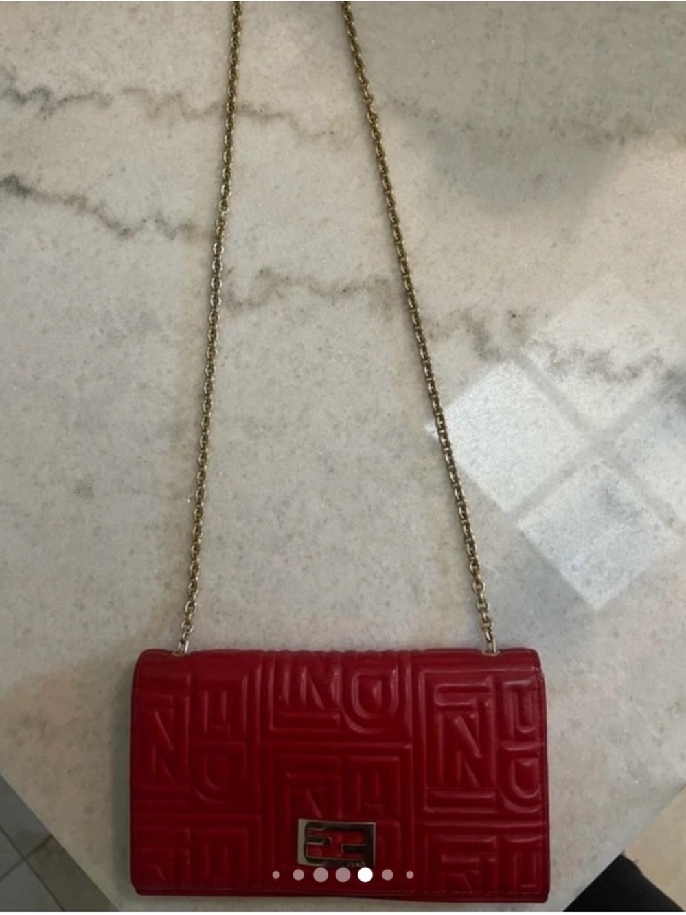 Fendi Red Embossed FF Logo Leather Clutch w/ Metal chain crossbody